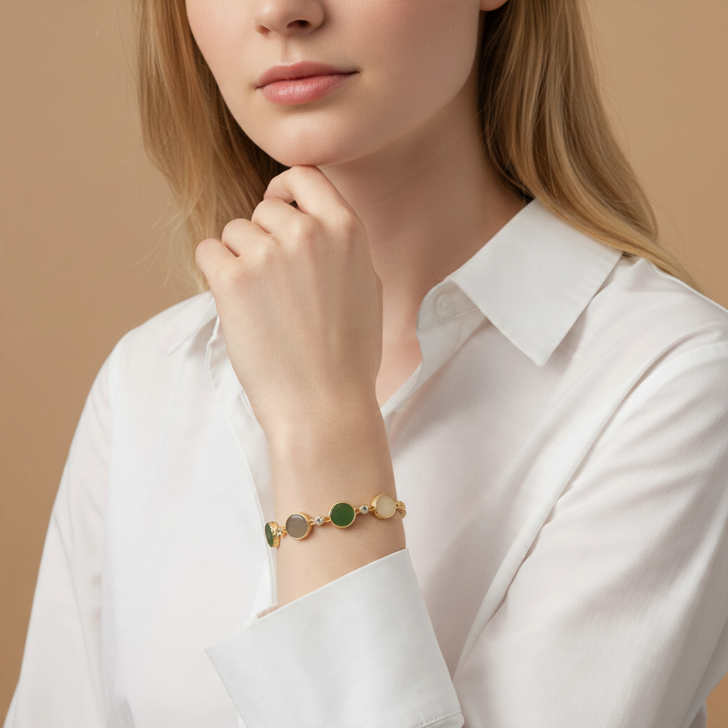 Findingyoyo Full Fortune bracelet featuring multi-colored round Hetian jade beads and gold vermeil accents on a wrist.