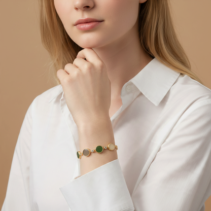 Findingyoyo Full Fortune bracelet featuring multi-colored round Hetian jade beads and gold vermeil accents on a wrist.