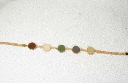 Findingyoyo Full Fortune bracelet featuring five round multi-colored Hetian jade stones with gold vermeil accents.