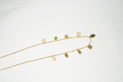 Findingyoyo Full Fortune bracelet featuring multi-colored Hetian jade charms and gold vermeil accents on a delicate chain
