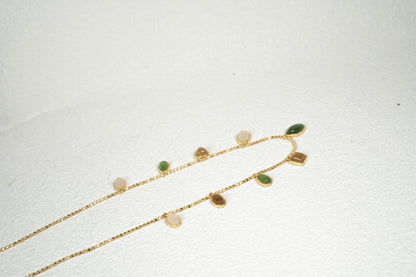 Findingyoyo Full Fortune necklace featuring multi-colored Hetian jade charms on a delicate gold vermeil chain.