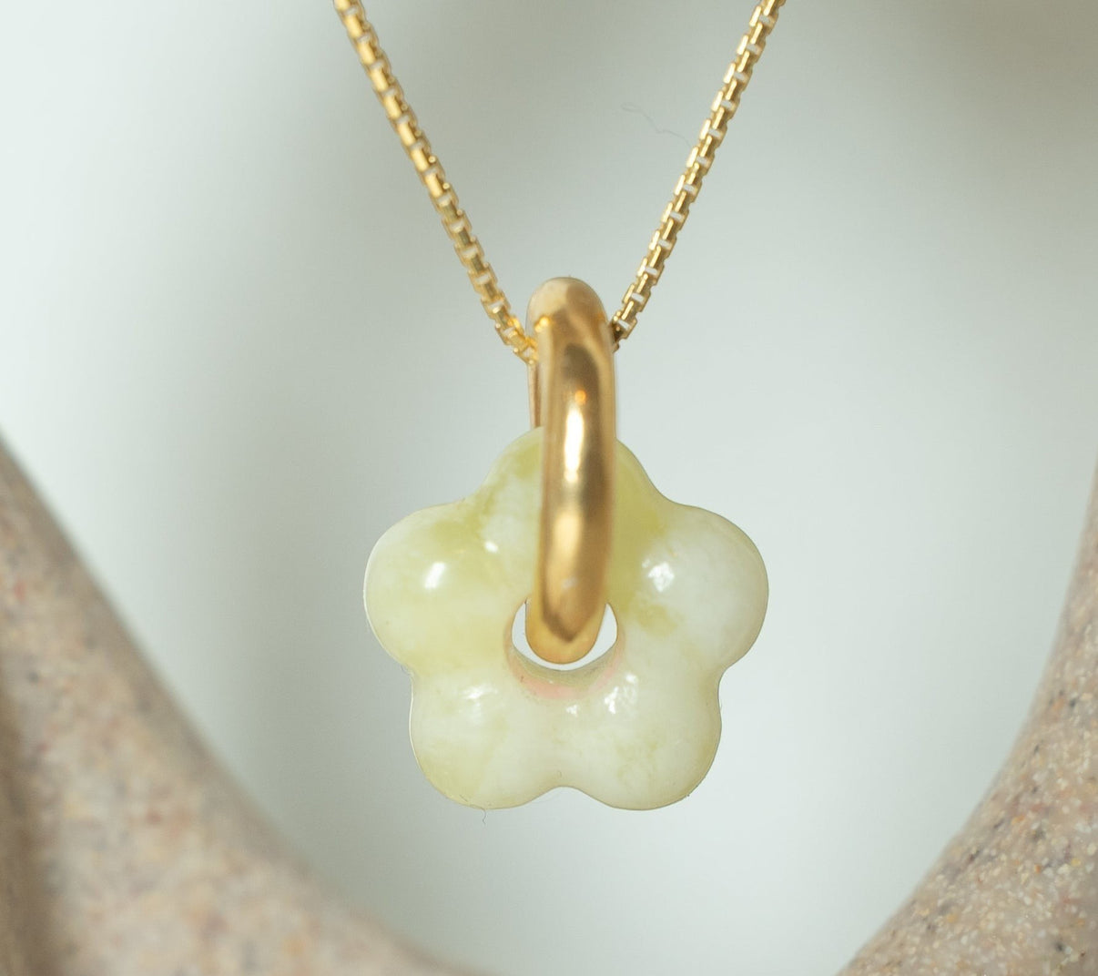 Findingyoyo Jardin necklace featuring a hand-carved pale celadon Hetian jade flower pendant on an 18K gold vermeil chain