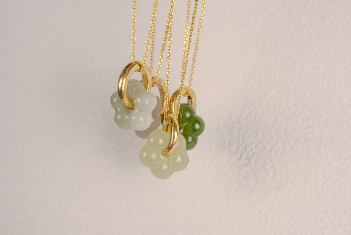 Findingyoyo Jardin Necklace featuring hand-carved natural Hetian jade flowers on 18K gold vermeil chains