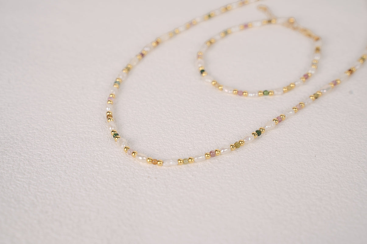 Findingyoyo Skittles set featuring a gold vermeil necklace and bracelet with natural tourmaline and keshi pearls.