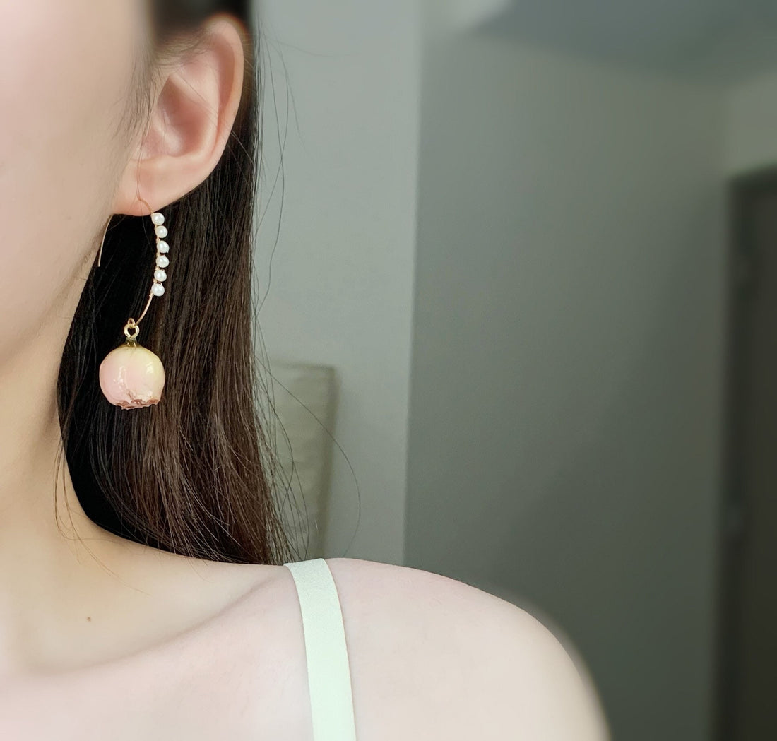 Handmade La Vie En Rose Real Dries Rose Flower Pearl Earring 18K Gold FindingYoYo real pearl