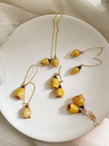 Handmade Rose Bible Real Dried Rose Flower Earring 18K Gold FindingYoYo real pearl